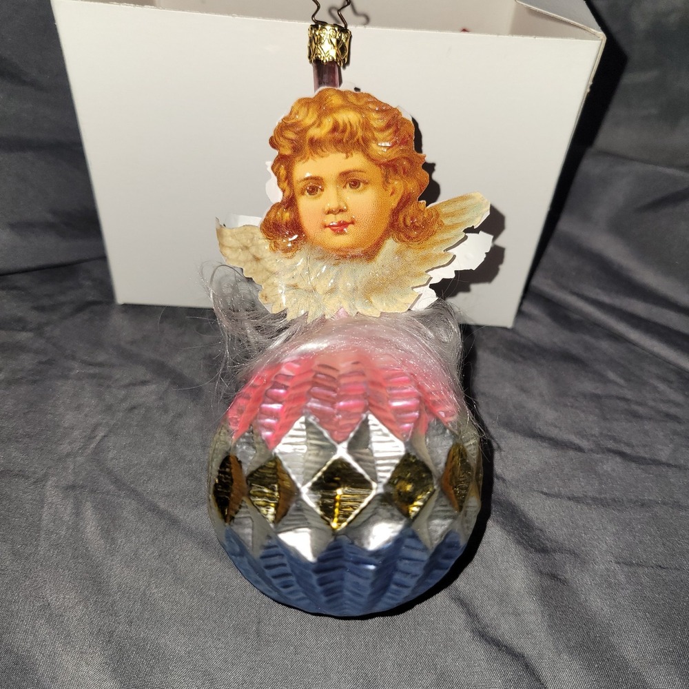 VTG Inge Glas Cherub Above Ball With Tinsel Wire Old World Holiday Ornament RARE